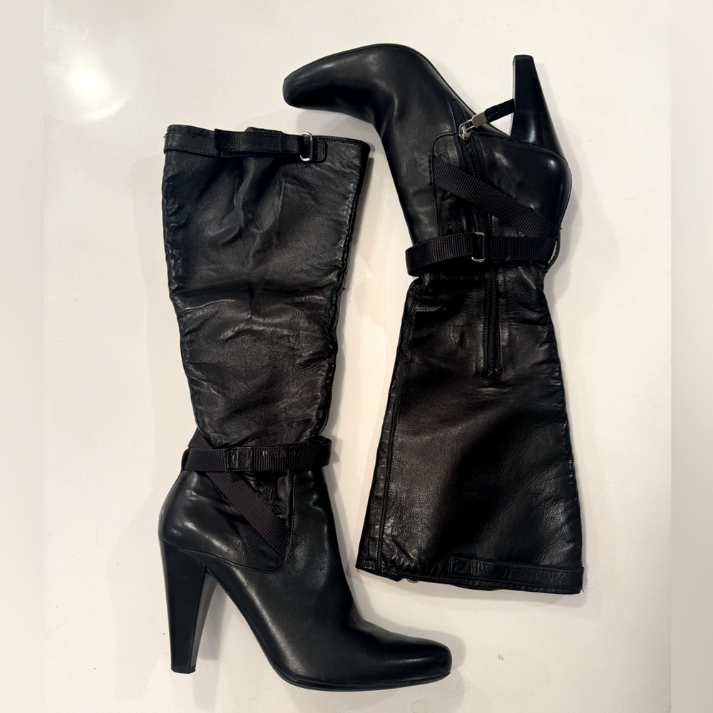Prada Black Leather Strapped Knee High Boots Size IT 41